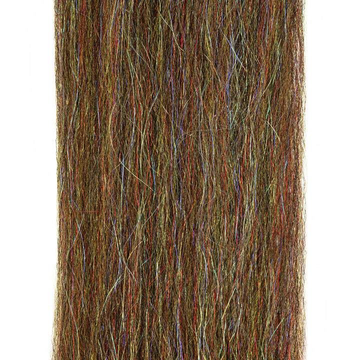 Dark brownish-olive synthetic fiber with red, blue, and silver iridescence