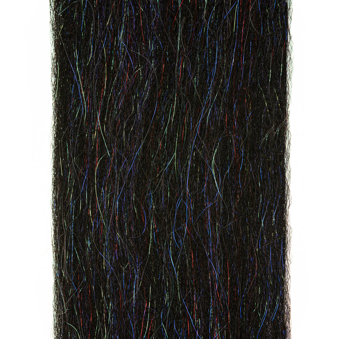 Black synthetic fly tying fibers with multicolored red and blue sparkle