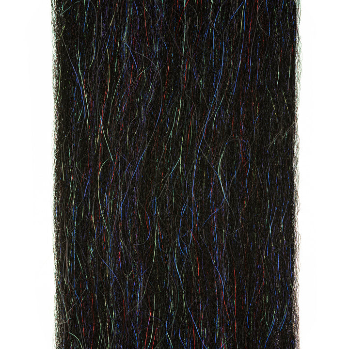 Black synthetic fly tying fibers with multicolored red and blue sparkle