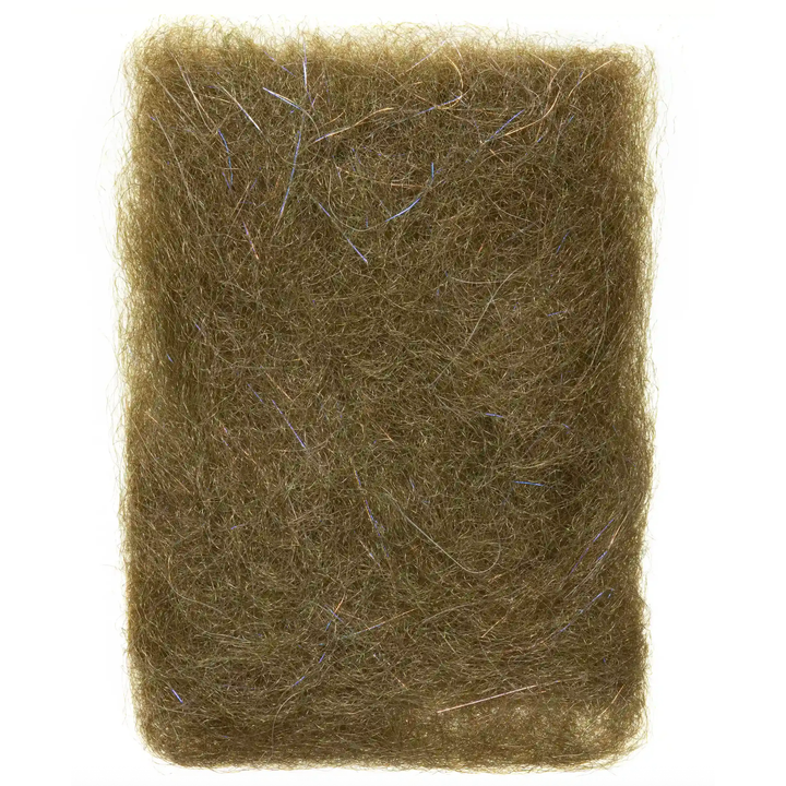 Mossy green EP Shrimp Dubbing Fibers mixed with iridescent blue and copper sparkle