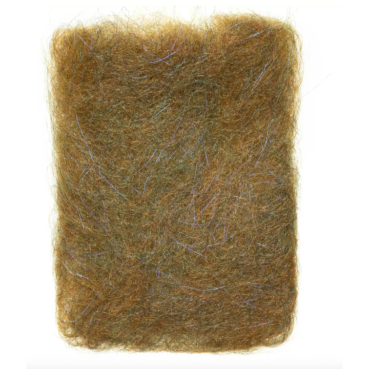 Brownish-olive EP Shrimp Dubbing Fibers with shimmering blue-purple metallic threads