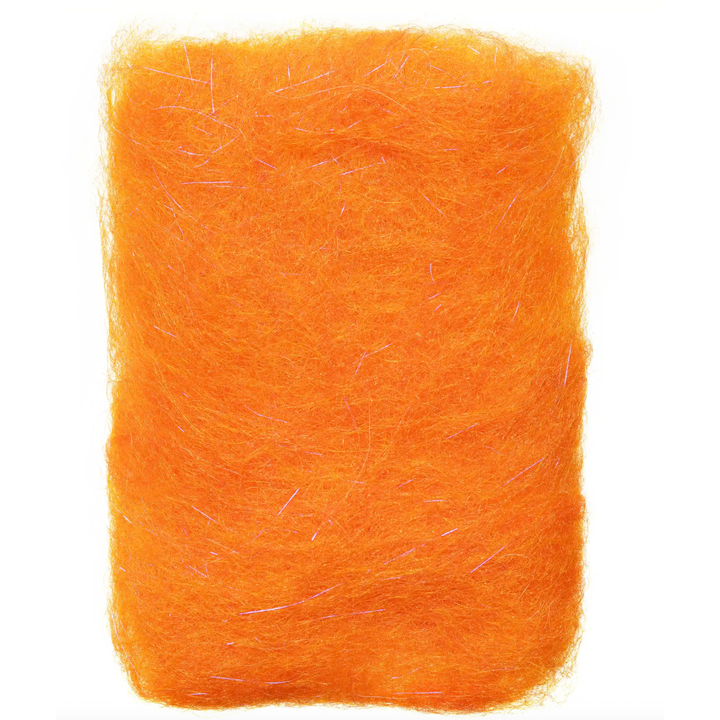 Bright orange EP Shrimp Dubbing Fibers blended with iridescent purple sparkle threads