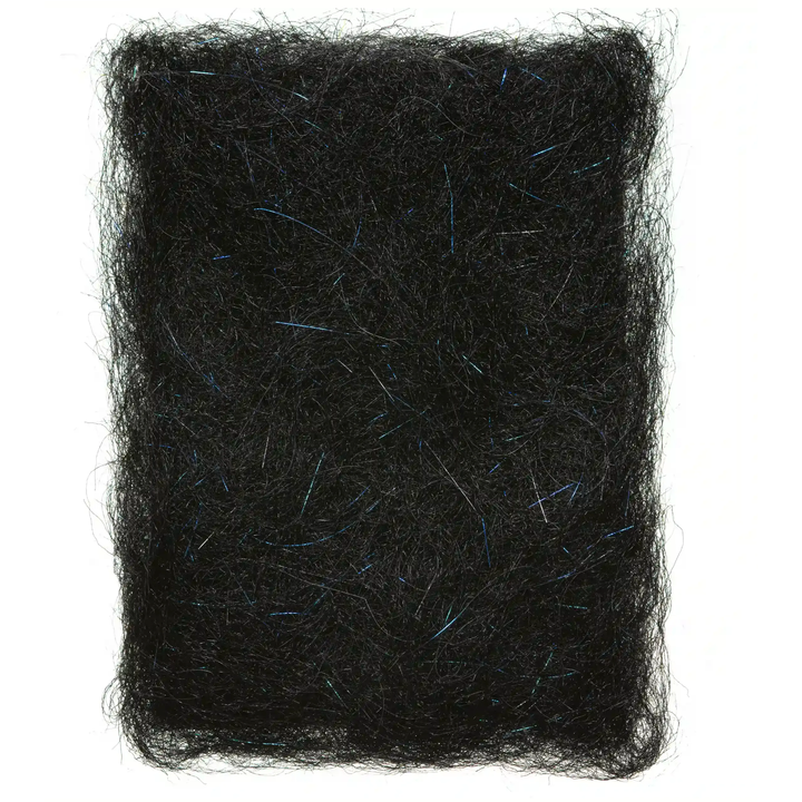 Black EP Shrimp Dubbing Fibers heavily accented with vivid cyan electric blue sparkle
