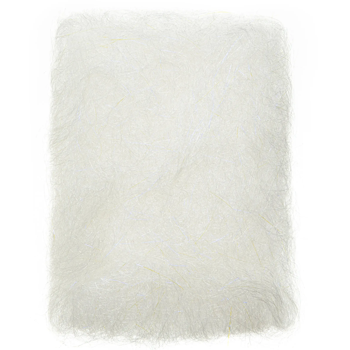 Off-white EP Shrimp Dubbing Fibers featuring pale blue and yellow iridescent glitter