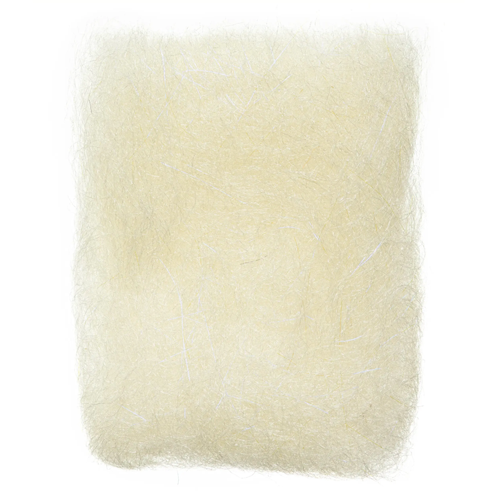 Pale yellow translucent EP Shrimp Dubbing Fibers with bright white sparkle accents