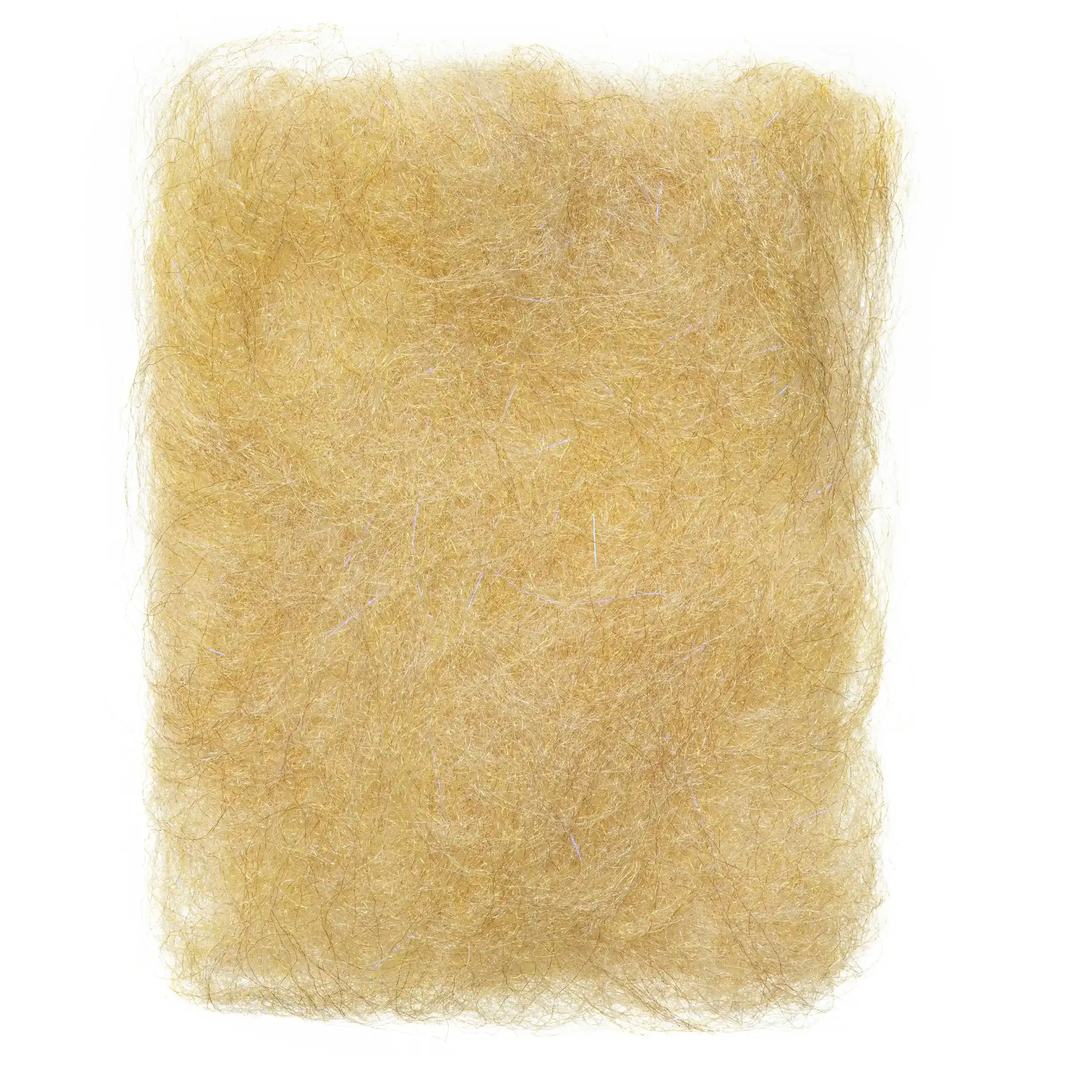 Golden-yellow tan EP Shrimp Dubbing Fibers with sparse silver sparkle strands