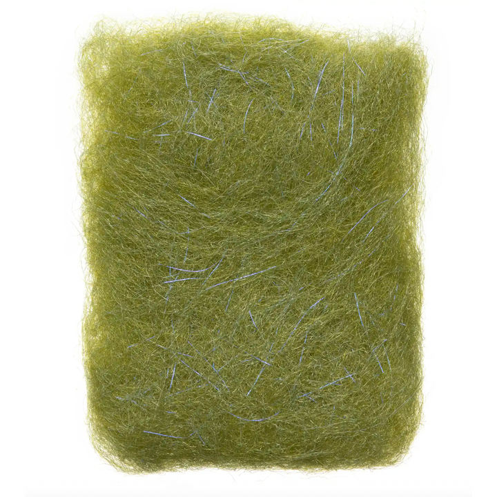 Olive green EP Shrimp Dubbing Fibers accented with metallic blue sparkle threads