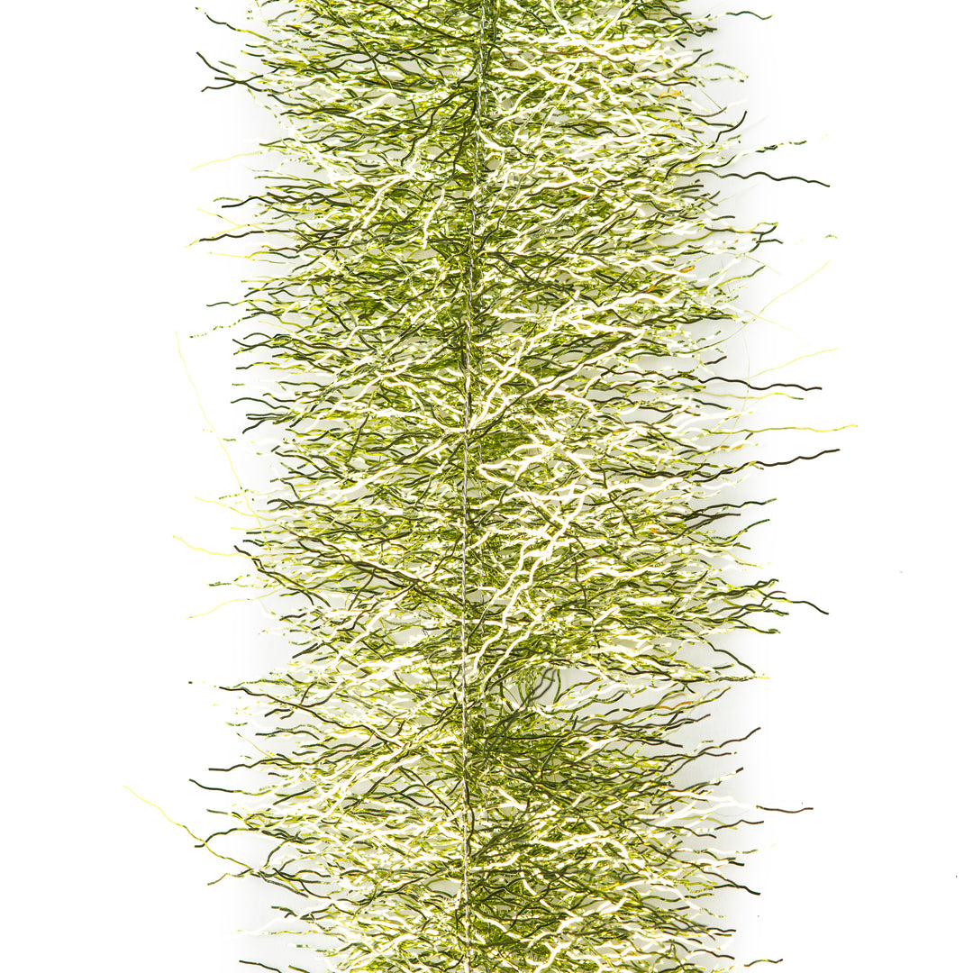 Olive green and chartreuse EP Thunderstruck Brush fly tying material with iridescent white highlights