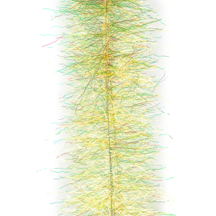 Yellow, lime green, and teal EP Thunderstruck Brush fly tying material with clear strands