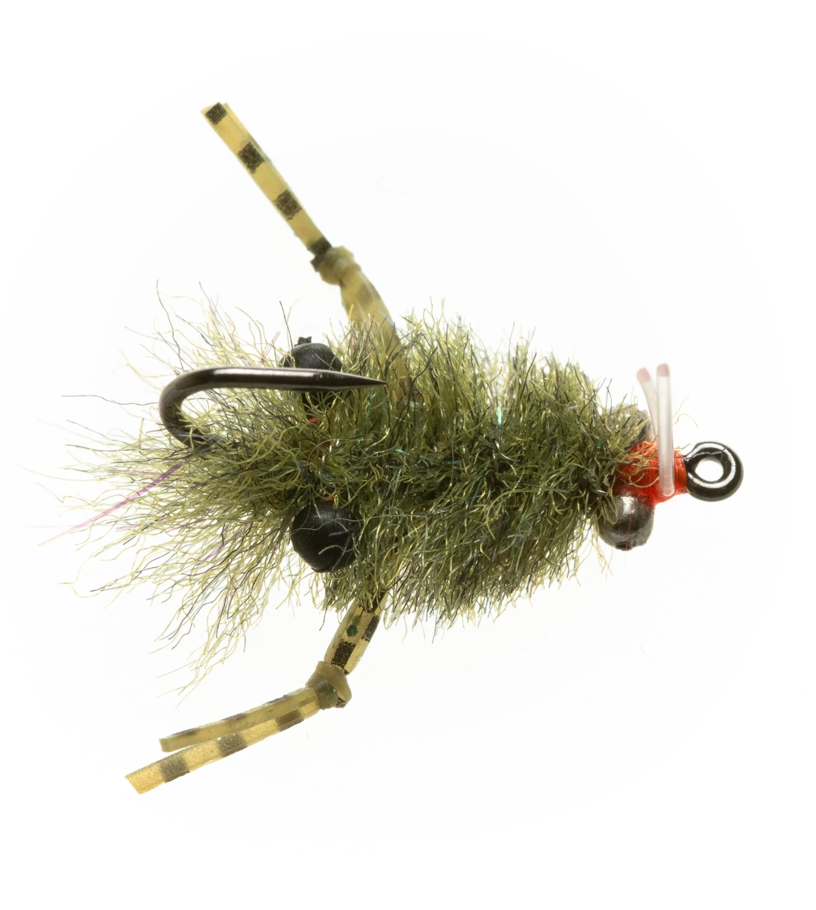 Olive EP Turneffe Micro Crab fly with double black bead head and orange thread wrapping