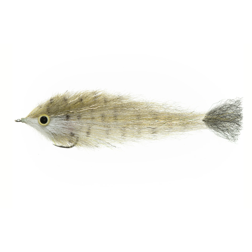Enrico Puglisi Dorado Sabalo fishing fly with olive and silver body, 3D eye, and dark banding