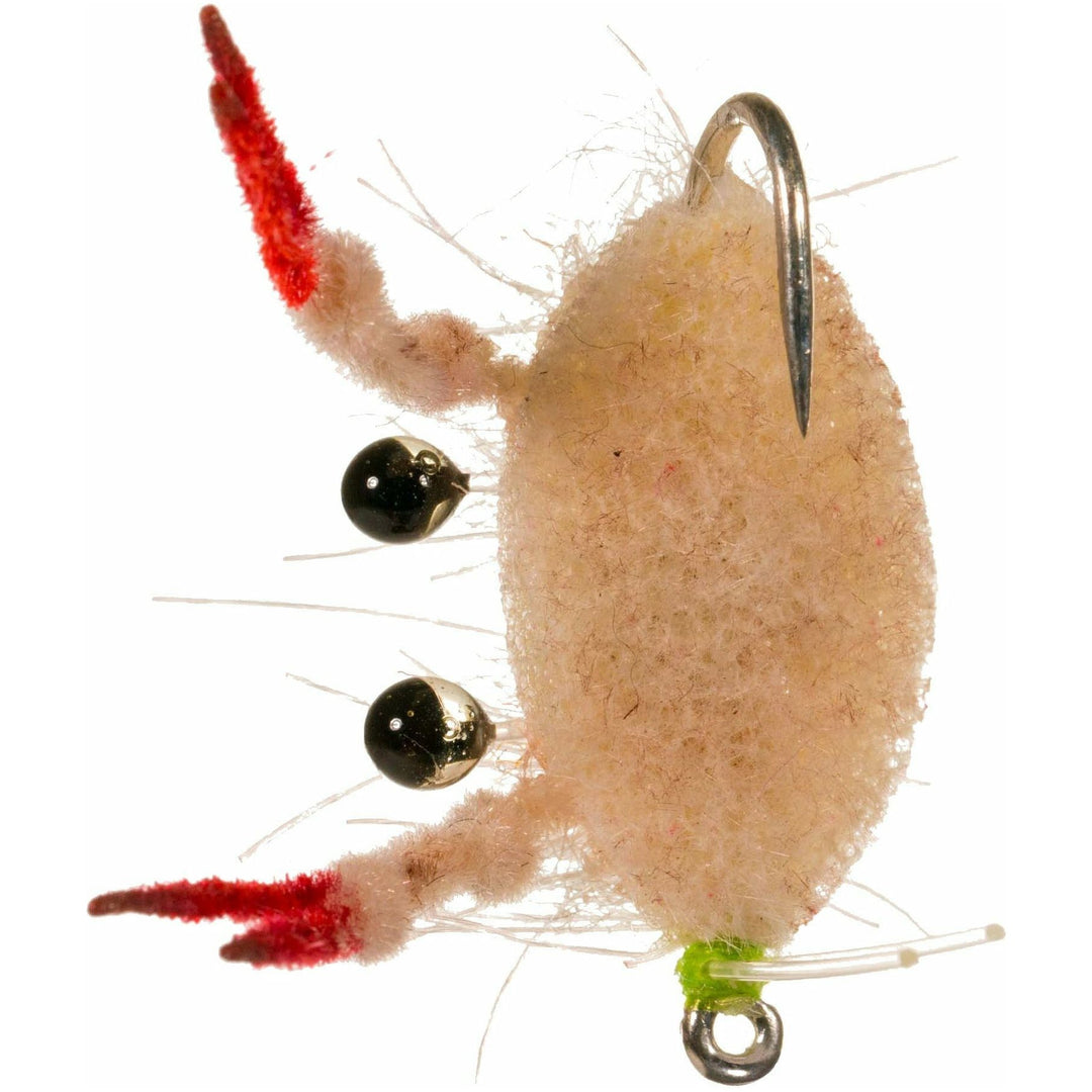 Sand-colored Enrico Puglisi Fleeing Crab custom fly with red-tipped claws and black bead eyes