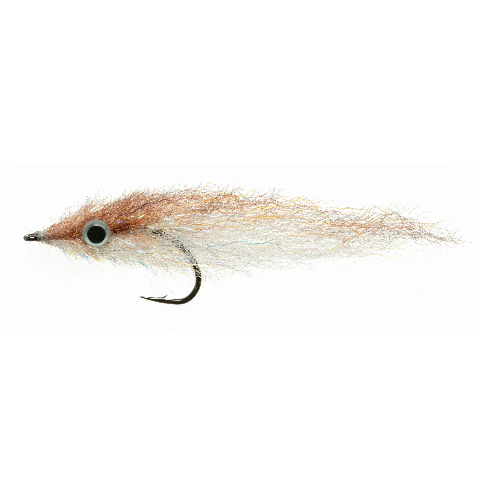 Rust-colored Enrico Puglisi Ghost Minnow fly with white belly and blue iridescence