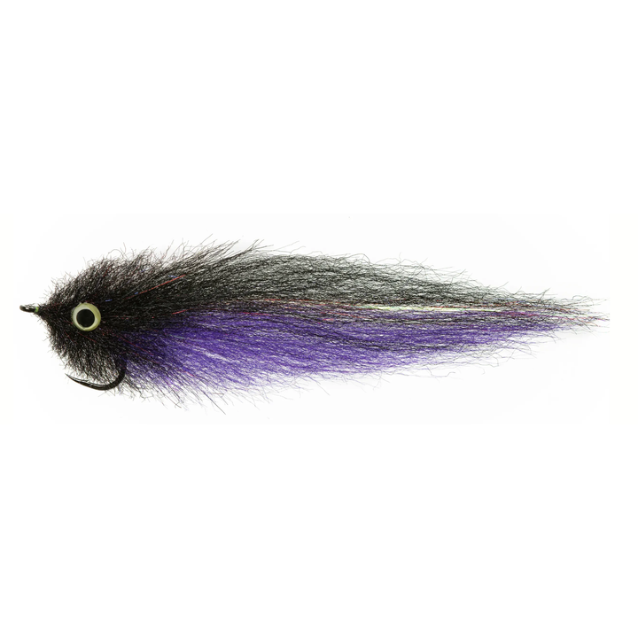 Black brush head fly with purple tail and white center stripe