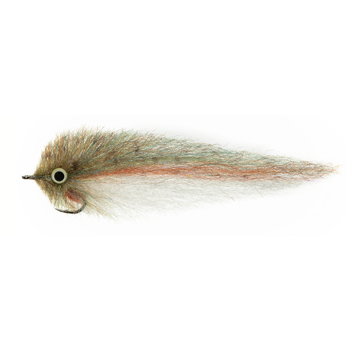Olive brown tan brush head fly with copper rust orange center tail strip