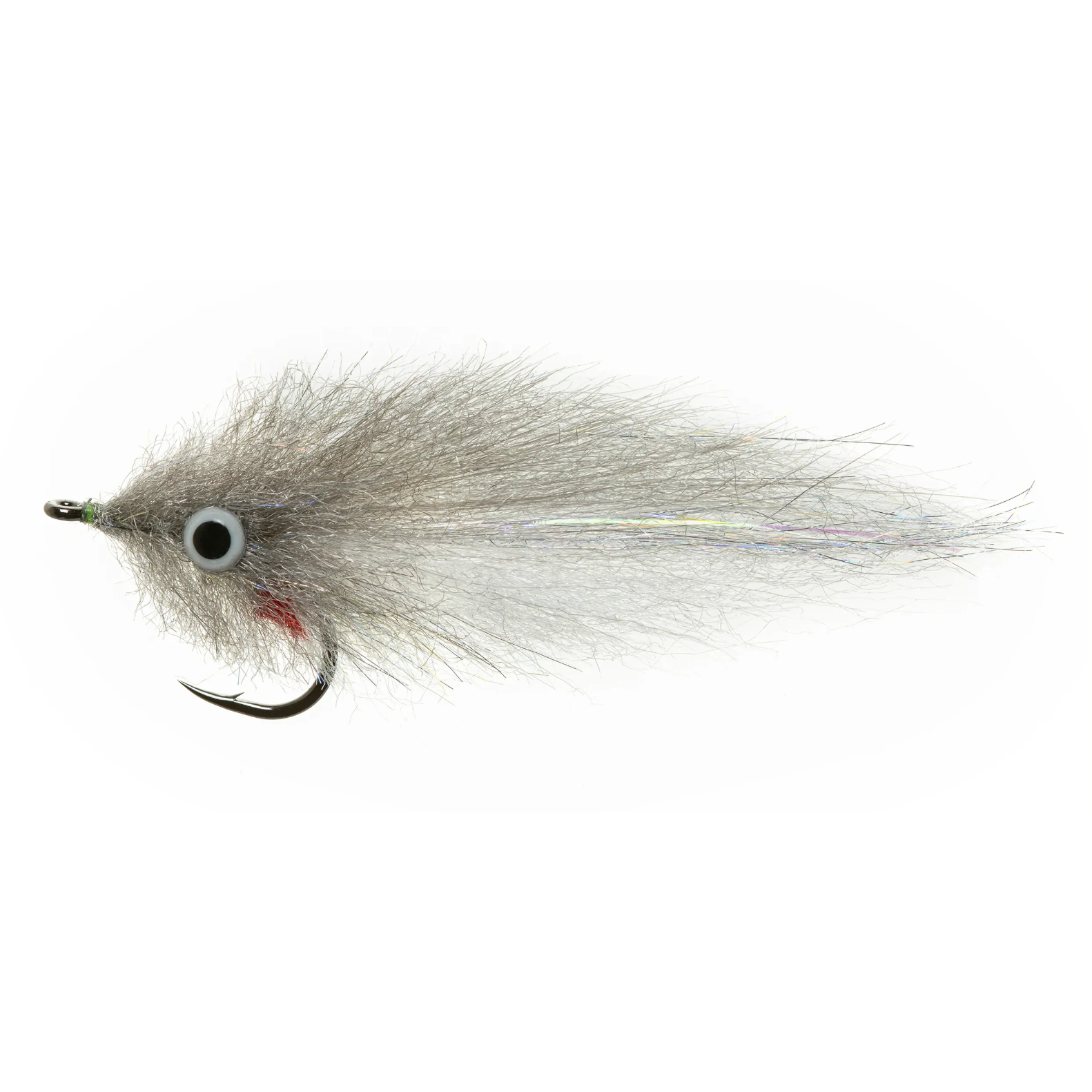 Silver-grey fishing fly with holographic center strip and red hook accent