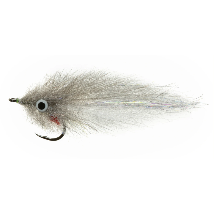 Silver-grey fishing fly with holographic center strip and red hook accent