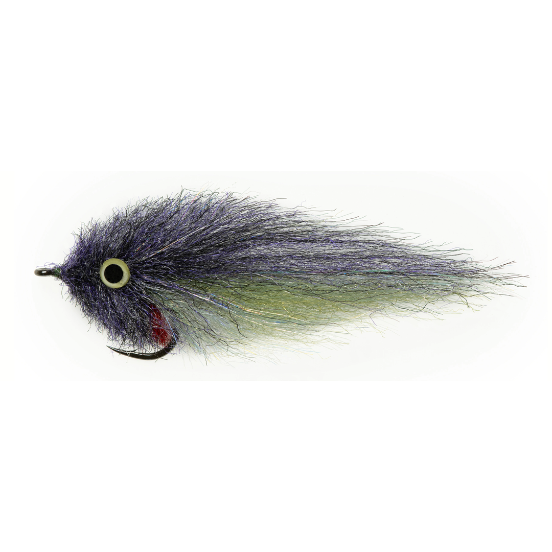 Purple black fly with red hook patch and olive green chartreuse tail tips