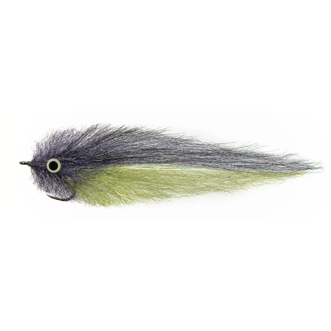 Gunmetal grey brush head fly with solid olive green tail and silver strip