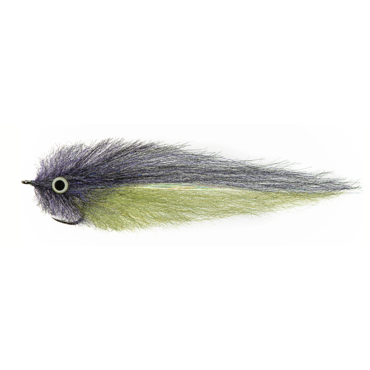 Gunmetal grey brush head fly with solid olive green tail and silver strip
