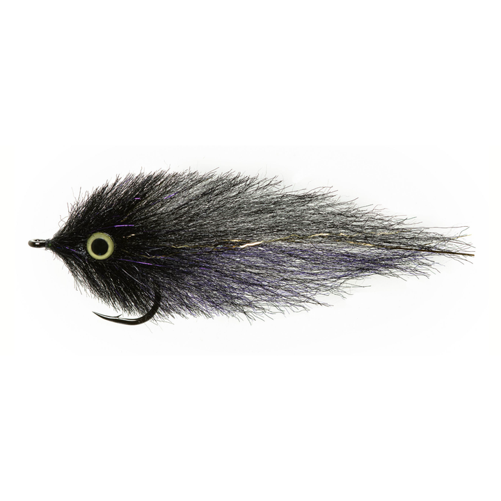 Black brush head fly with iridescent purple silver transitioning tail fibers