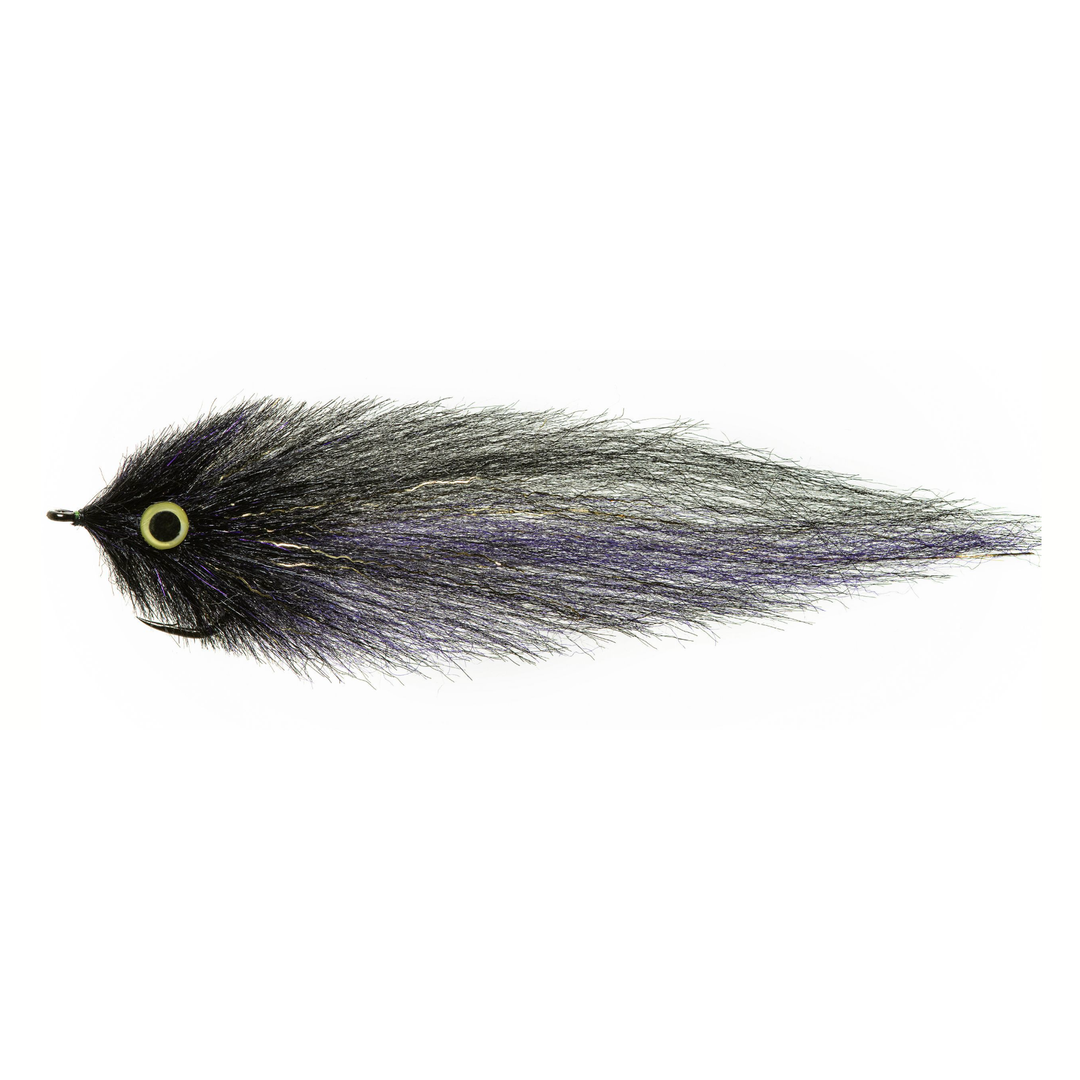 Black brush head fly with purple infused tail and white top edge stripe
