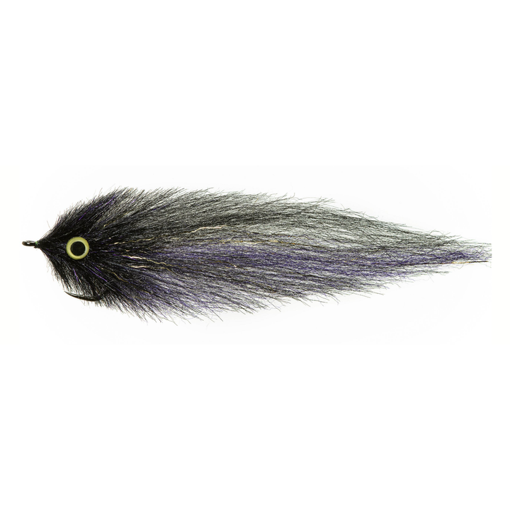 Black brush head fly with purple infused tail and white top edge stripe