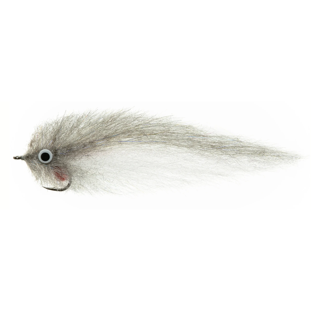 Grey and white fishing fly with silvery body and red accent near hook bend