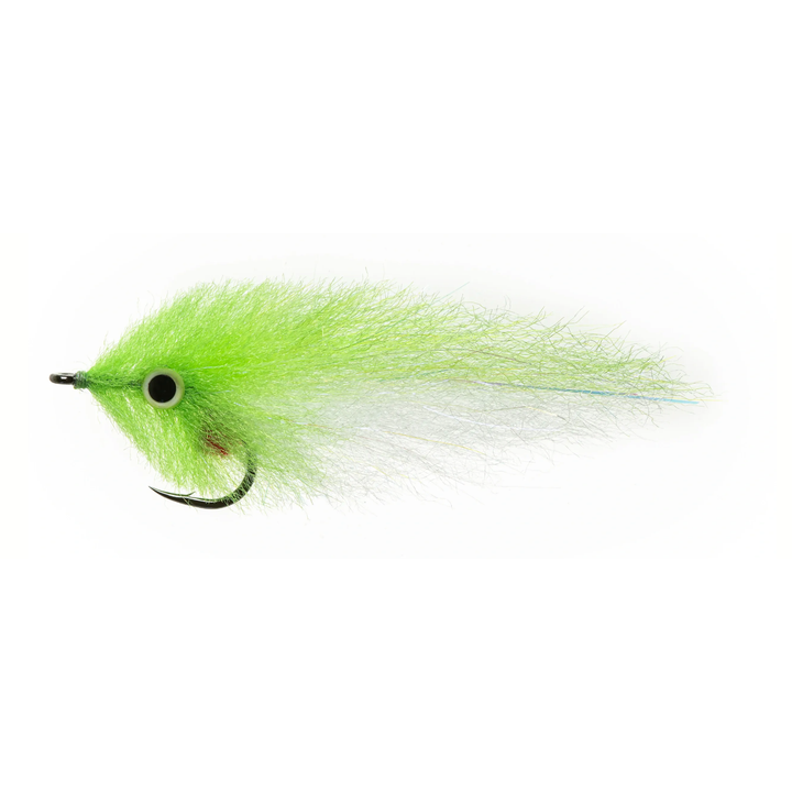 Chartreuse green fishing fly with translucent white tail and blue center strand