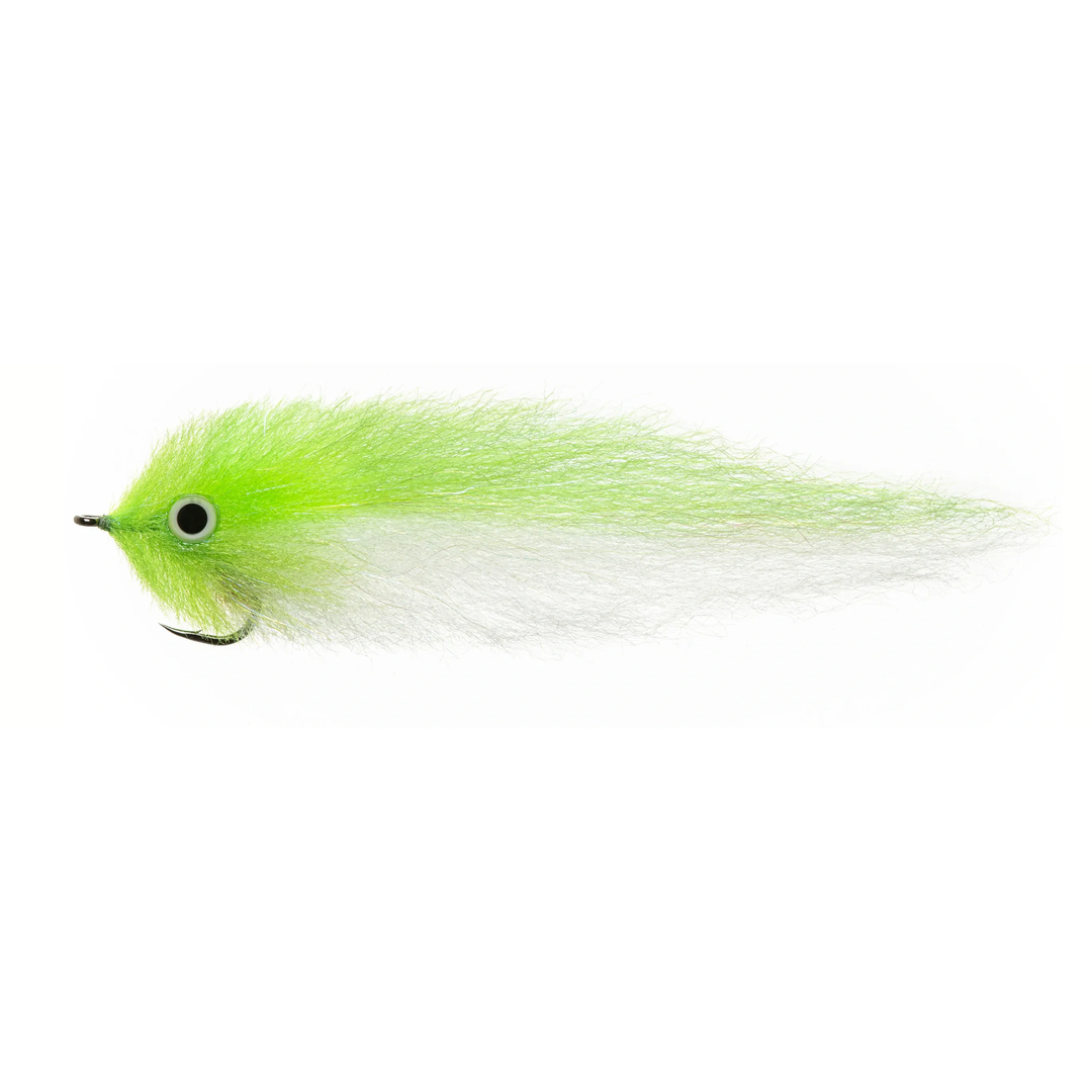 Neon lime green brush head fly with translucent white tapering tail