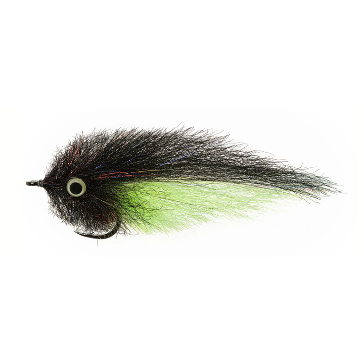 Black and neon green fishing fly with multi-colored flash threads