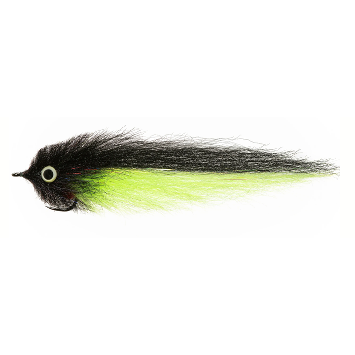 Black brush head fly with bright neon chartreuse flowing tail fibers