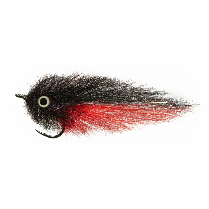 Black and red two-tone fishing fly with blue flash threads and white-rimmed eye