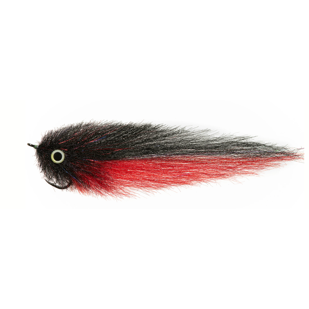 Black brushed head fly with vibrant red bottom tail and blue thread wrap