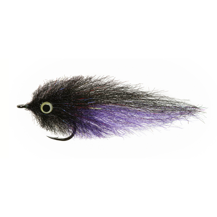 Black brush head fly with purple body and iridescent blue red strands