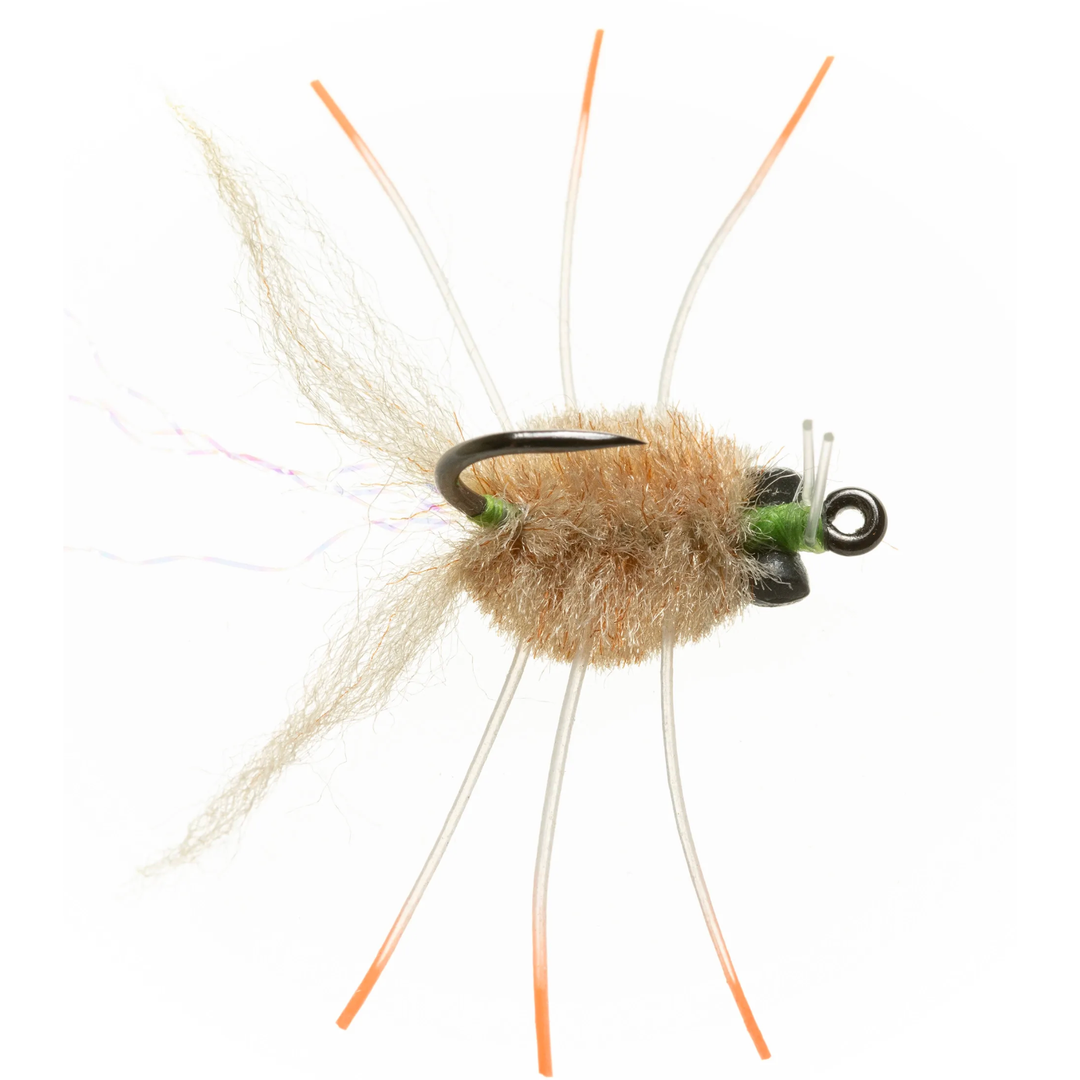Enrico Puglisi Micro Crab tan saltwater fly with bead eyes and orange-tipped legs