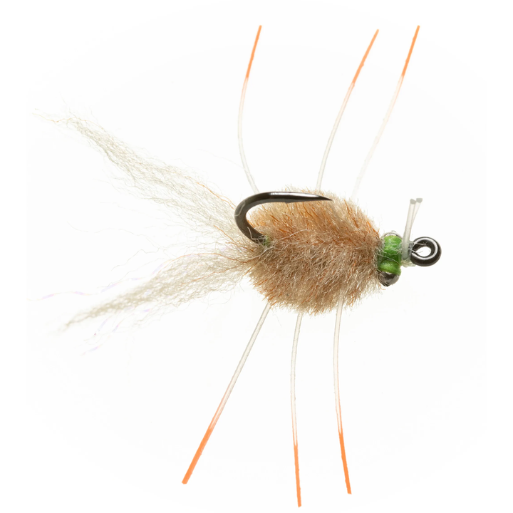 Close-up of Enrico Puglisi Micro Crab tan fly showing green thread wraps and black bead eyes
