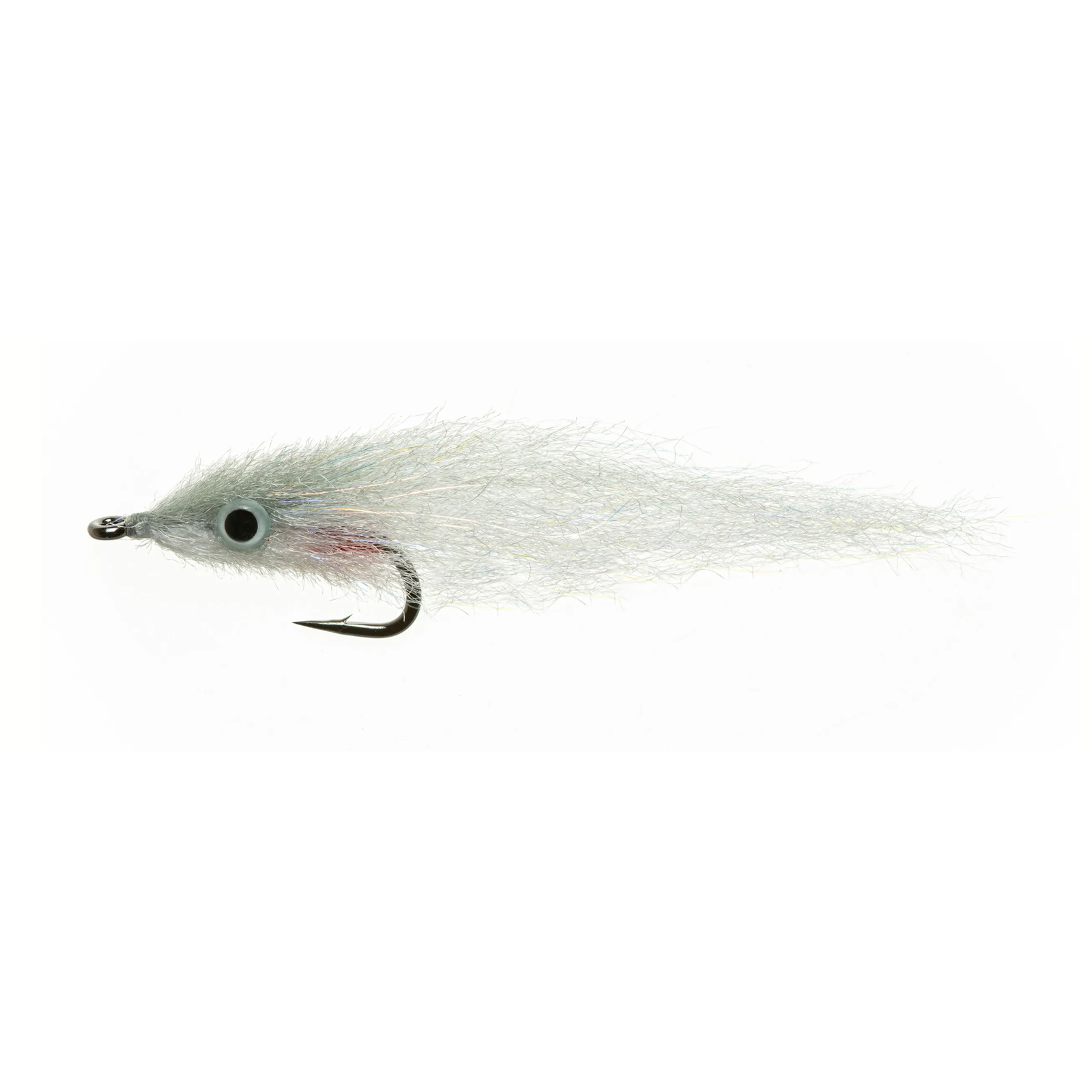 Silver and white translucent minnow fly with red flank accent