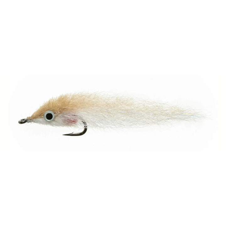 Tan cork-colored top white belly minnow fly for saltwater species
