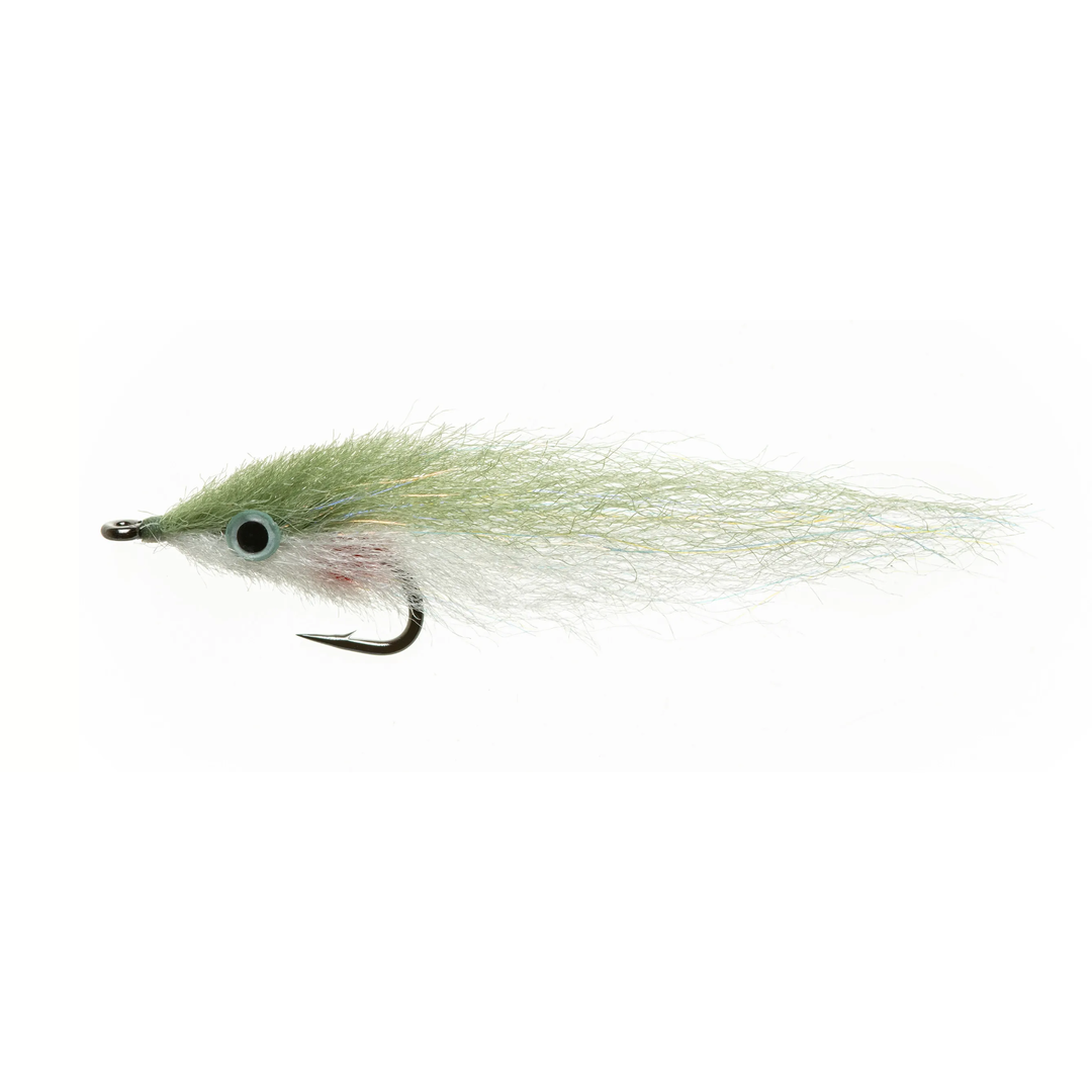 Olive green and white hand-tied minnow fly with blue accents