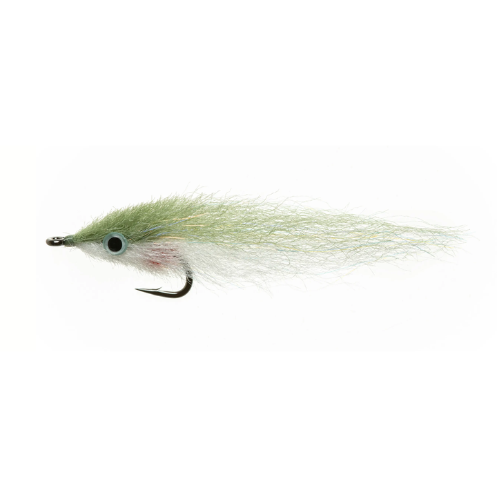 Olive green and white hand-tied minnow fly with blue accents