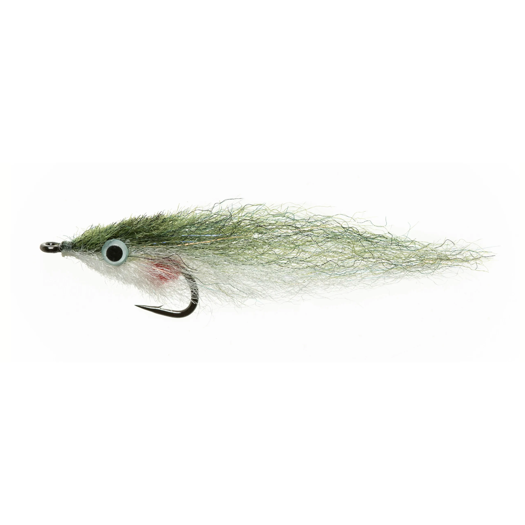 Dark olive green and white minnow fly with wispy tail fibers