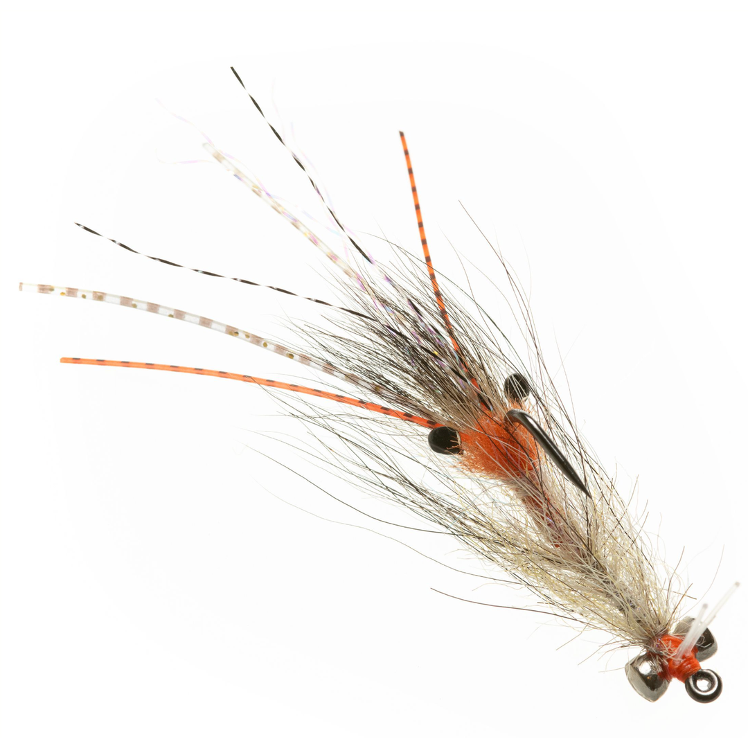Close-up of EP Flies shrimp pattern featuring translucent grey body and orange dorsal patch