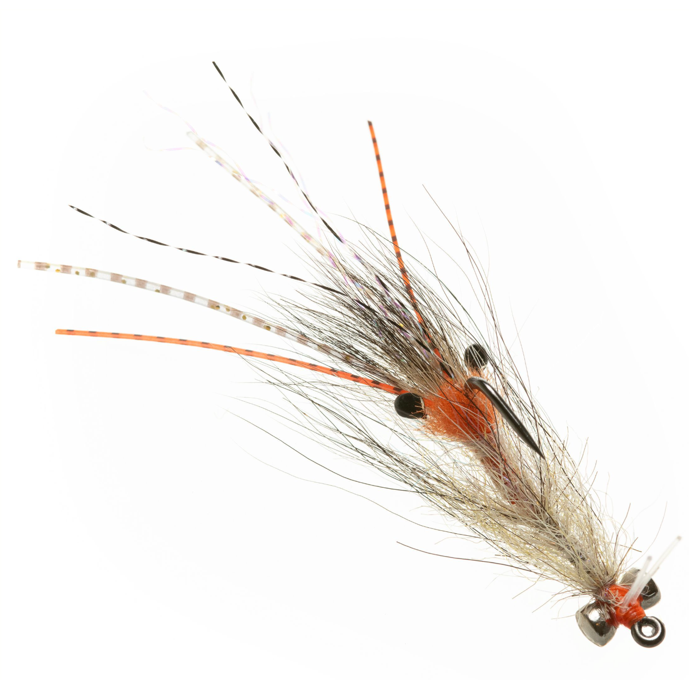 Close-up of EP Flies shrimp pattern featuring translucent grey body and orange dorsal patch
