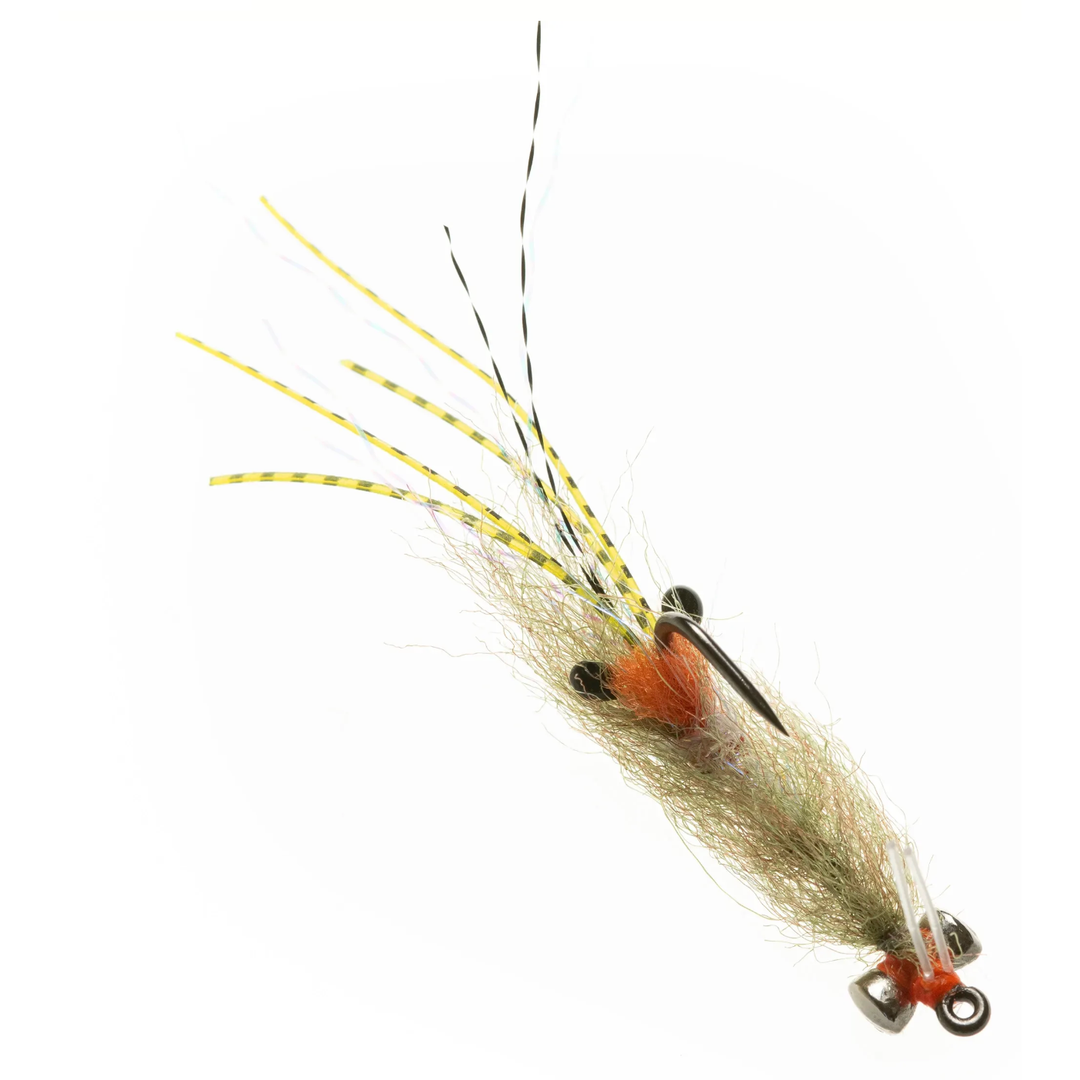 Olive spawning shrimp saltwater fly with bead eyes and lead jigs for bonefish