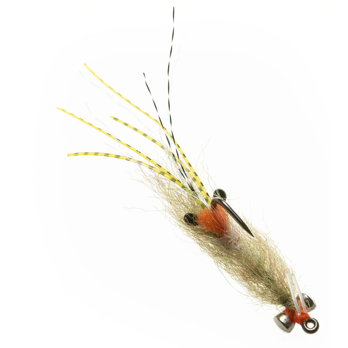 Olive spawning shrimp saltwater fly with bead eyes and lead jigs for bonefish
