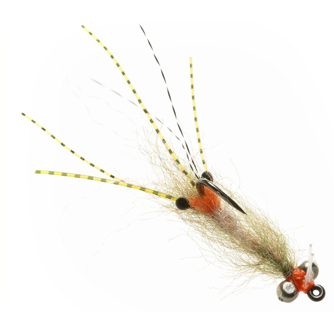 Side profile of olive EP Flies shrimp pattern featuring orange head accent