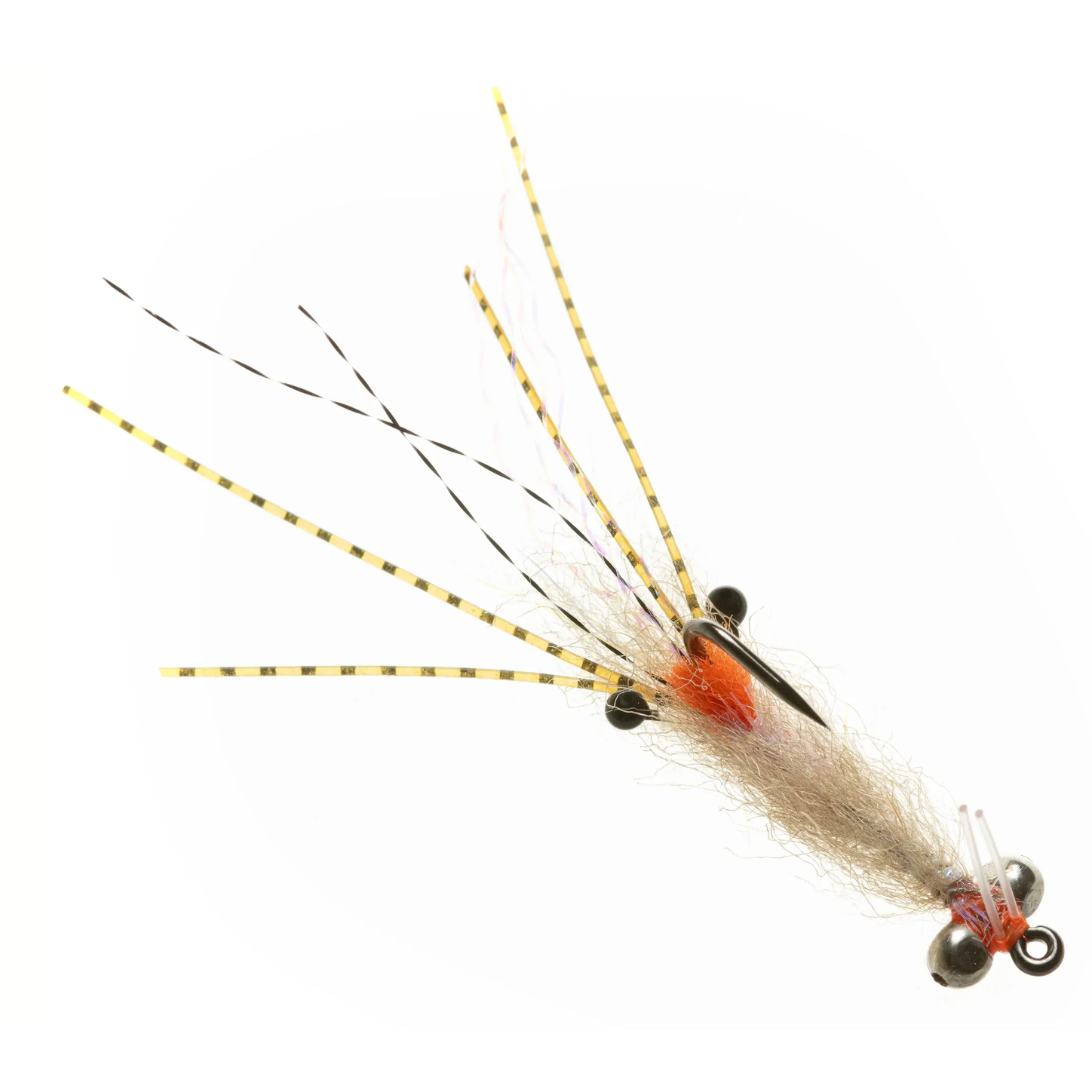 Close-up of tan EP Flies spawning shrimp pattern with orange thorax and silver shot