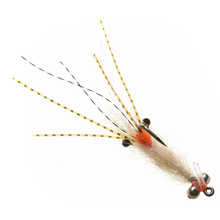 Close-up of tan EP Flies spawning shrimp pattern with orange thorax and silver shot