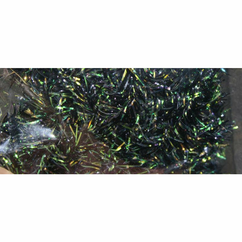 Hareline Dubbin Estaz Grande Pearl Black fly tying material with iridescent green and gold highlights